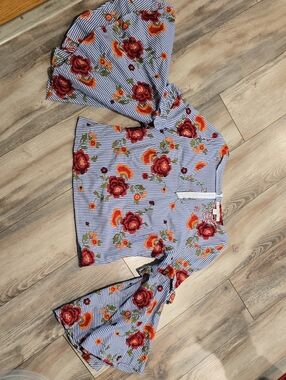 Boston Proper Blue Striped Floral Bell-Sleeve Blouse